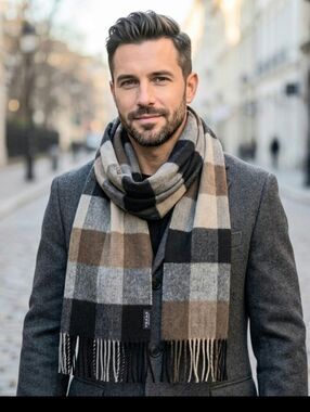 Fraas Plaid Scarf Made in Germany Brown Gray Black Taupe Unisex Fringe 14 x 70